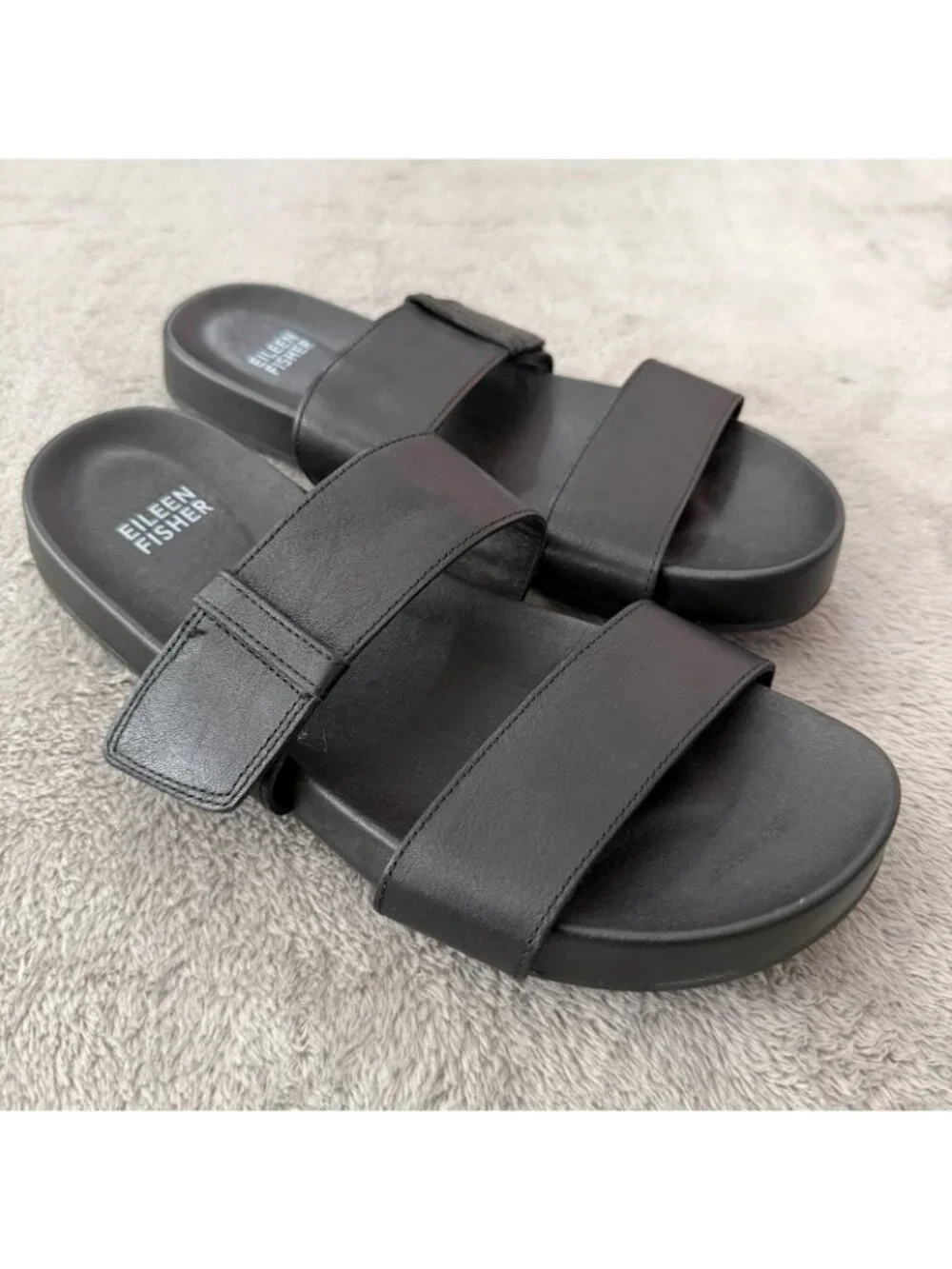 Eileen Fisher Folk Black Leather Sandals Adjustable Womens 8 Shoes Double Strap